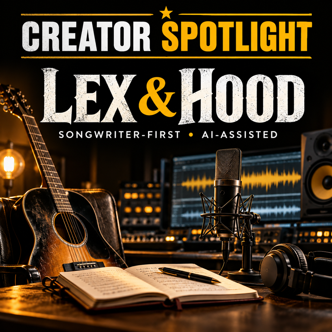 Creator Spotlight cover for Lex & Hood showing a songwriter-first AI-assisted studio workflow