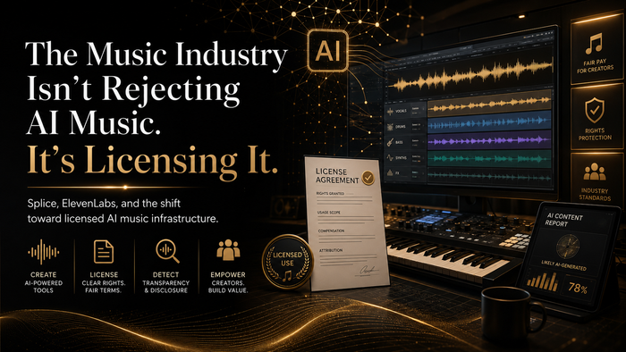 Licensed AI music guide covering Splice, ElevenLabs, model training rights, distribution and provenance