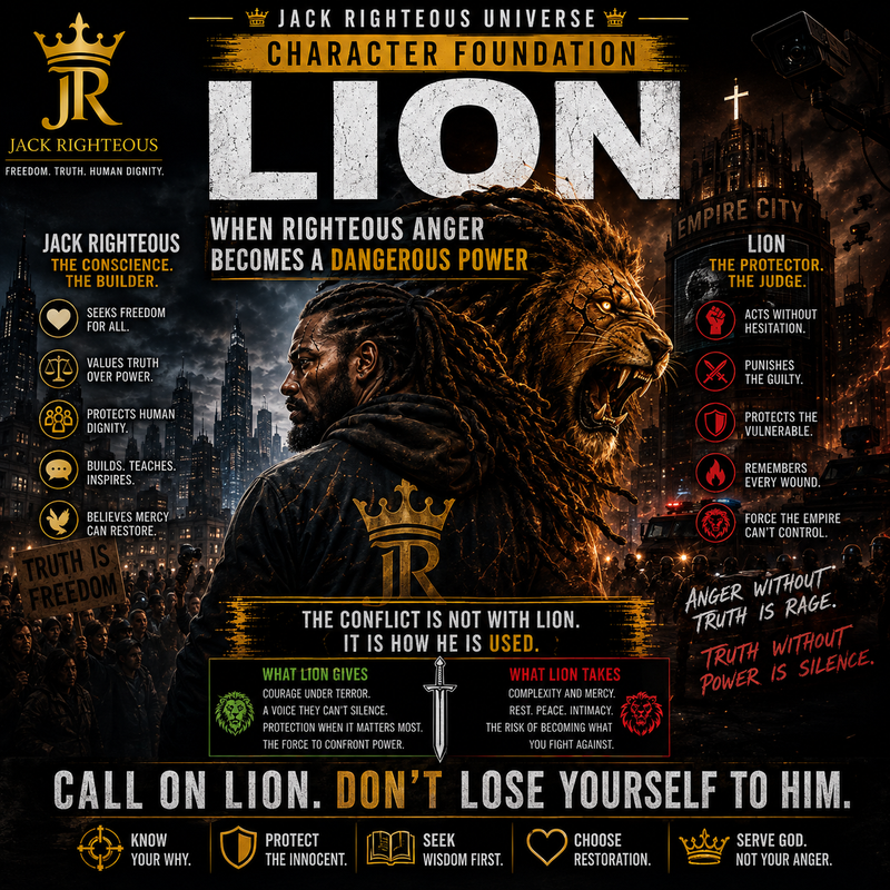 Jack Righteous stands with Lion emerging behind him, showing righteous anger as both protective strength and dangerous power.