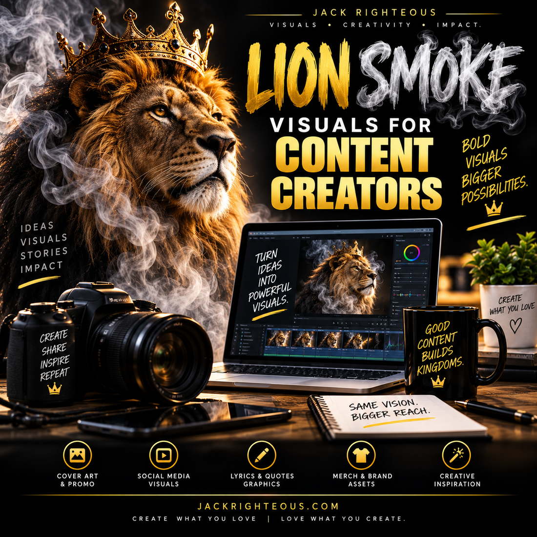 Crowned lion emerging through smoke beside a creator editing desk for symbolic Lion & Smoke visual storytelling