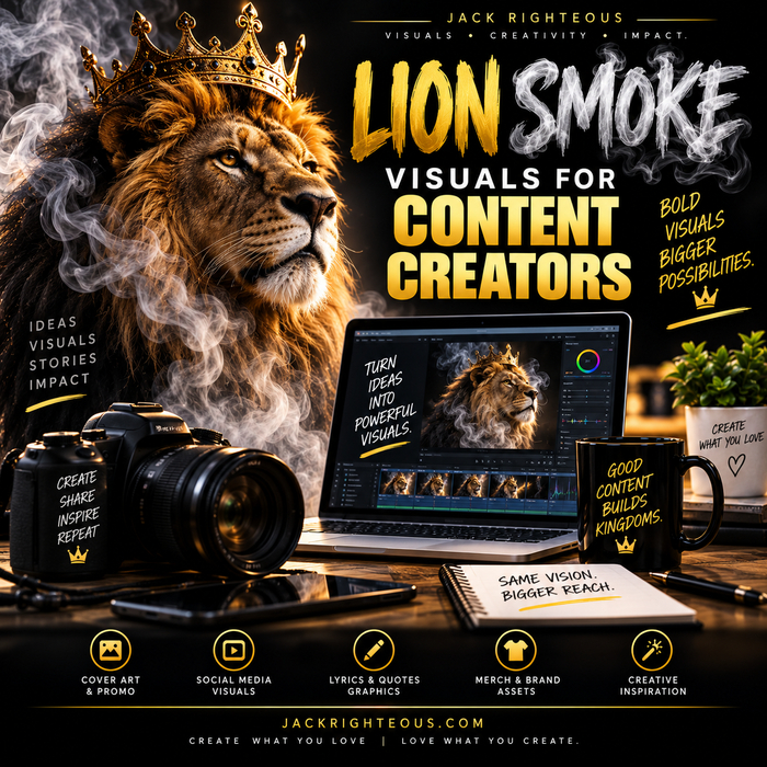 Crowned lion emerging through smoke beside a creator editing desk for symbolic Lion & Smoke visual storytelling