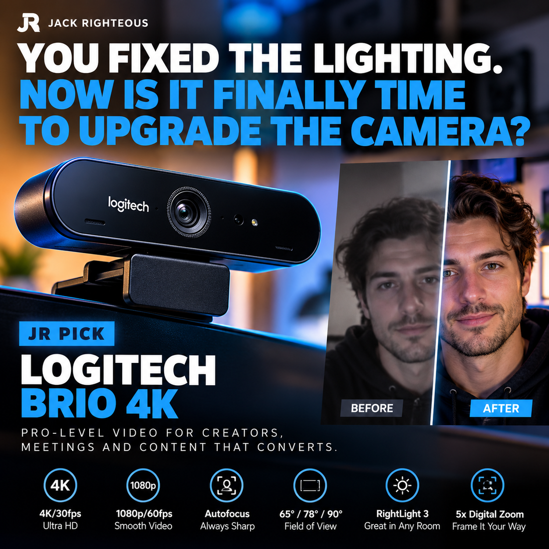 Logitech Brio 4K webcam in a professional creator setup highlighting improved lighting, 4K video, autofocus and creator video quality