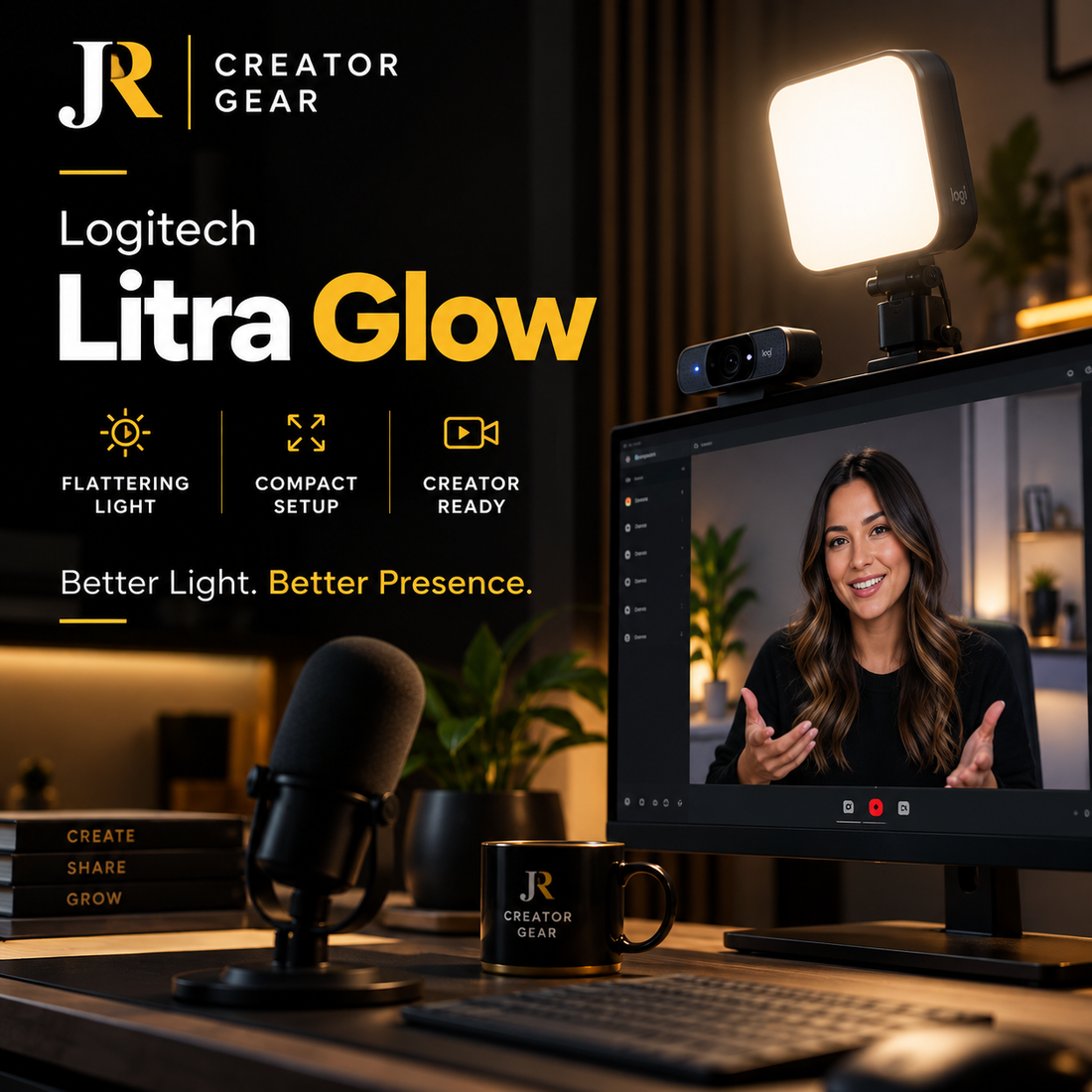 Logitech Litra Glow creator light mounted above a monitor in a professional desktop setup for YouTube, UGC, courses and video calls