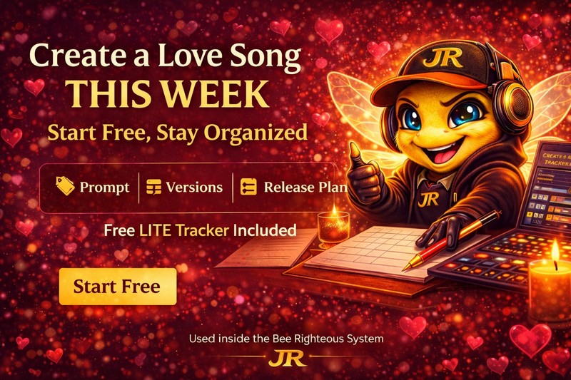 Bee Righteous love-song challenge workflow for creating a song, saving prompts, tracking versions and planning release
