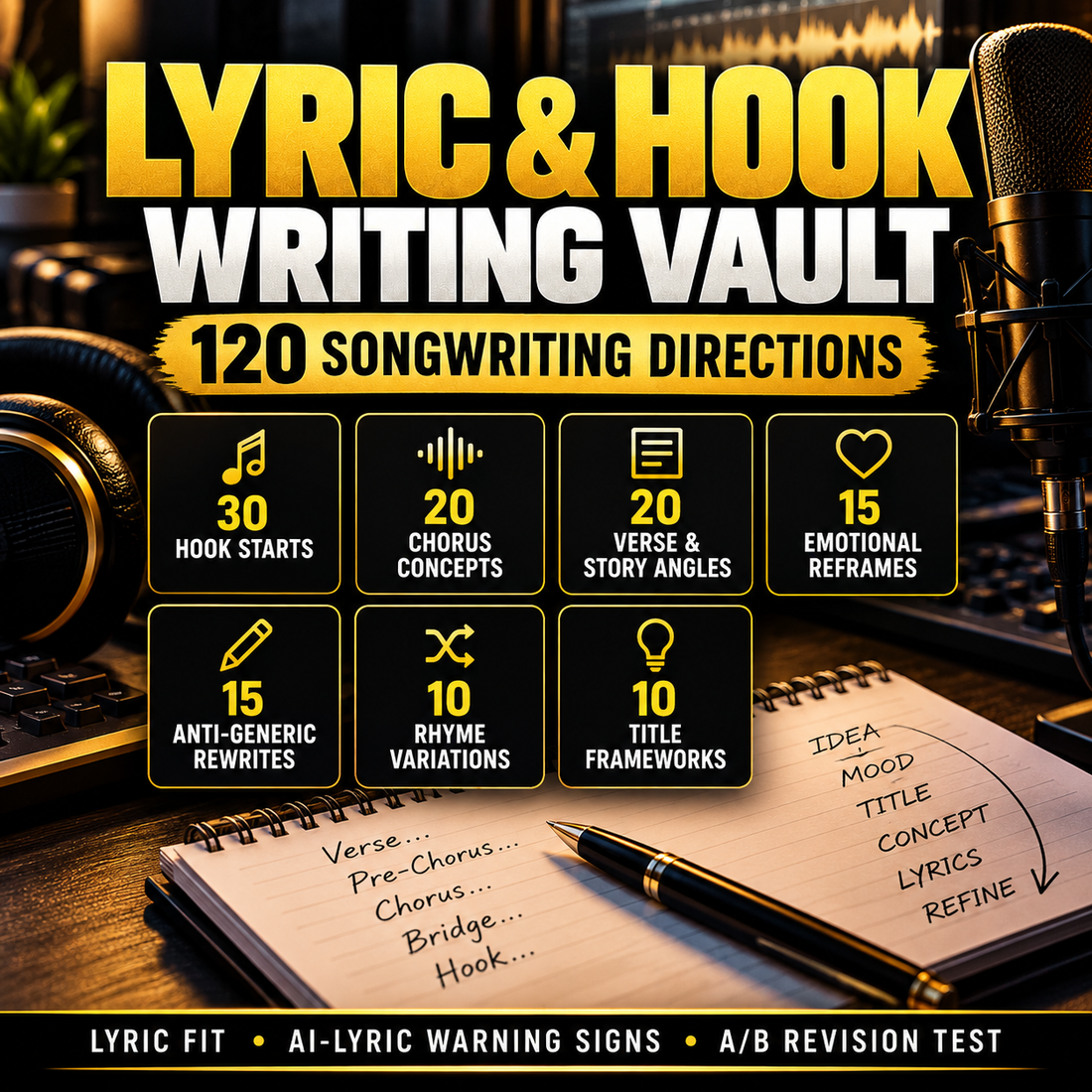 Lyric and Hook Writing Vault with 120 songwriting directions including hook starts, chorus concepts, verse angles, emotional reframes, anti-generic rewrites, rhyme variations and title frameworks