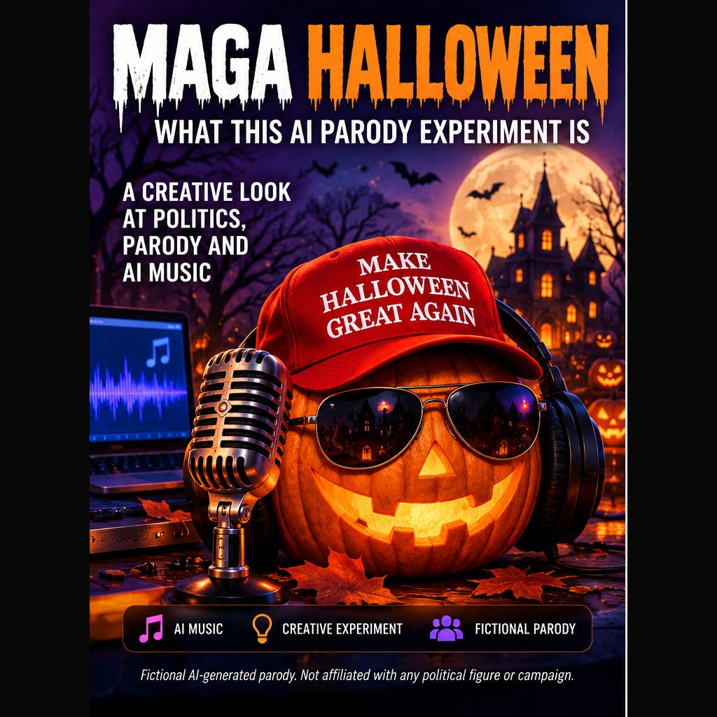 Fictional Halloween AI parody artwork showing a jack-o-lantern, microphone and haunted music studio