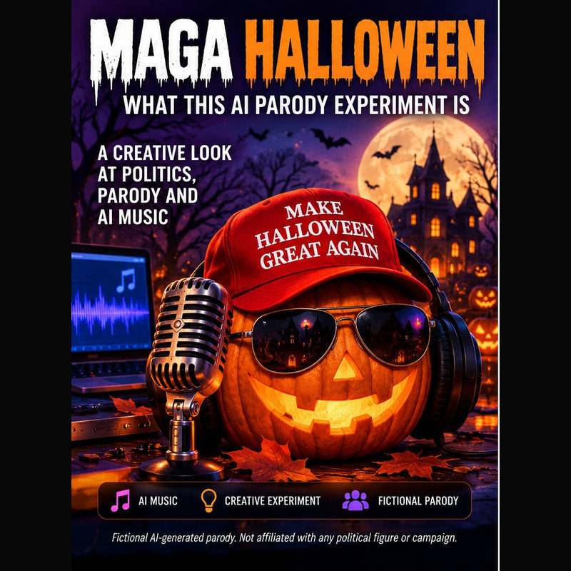 Fictional Halloween AI parody artwork showing a jack-o-lantern, microphone and haunted music studio