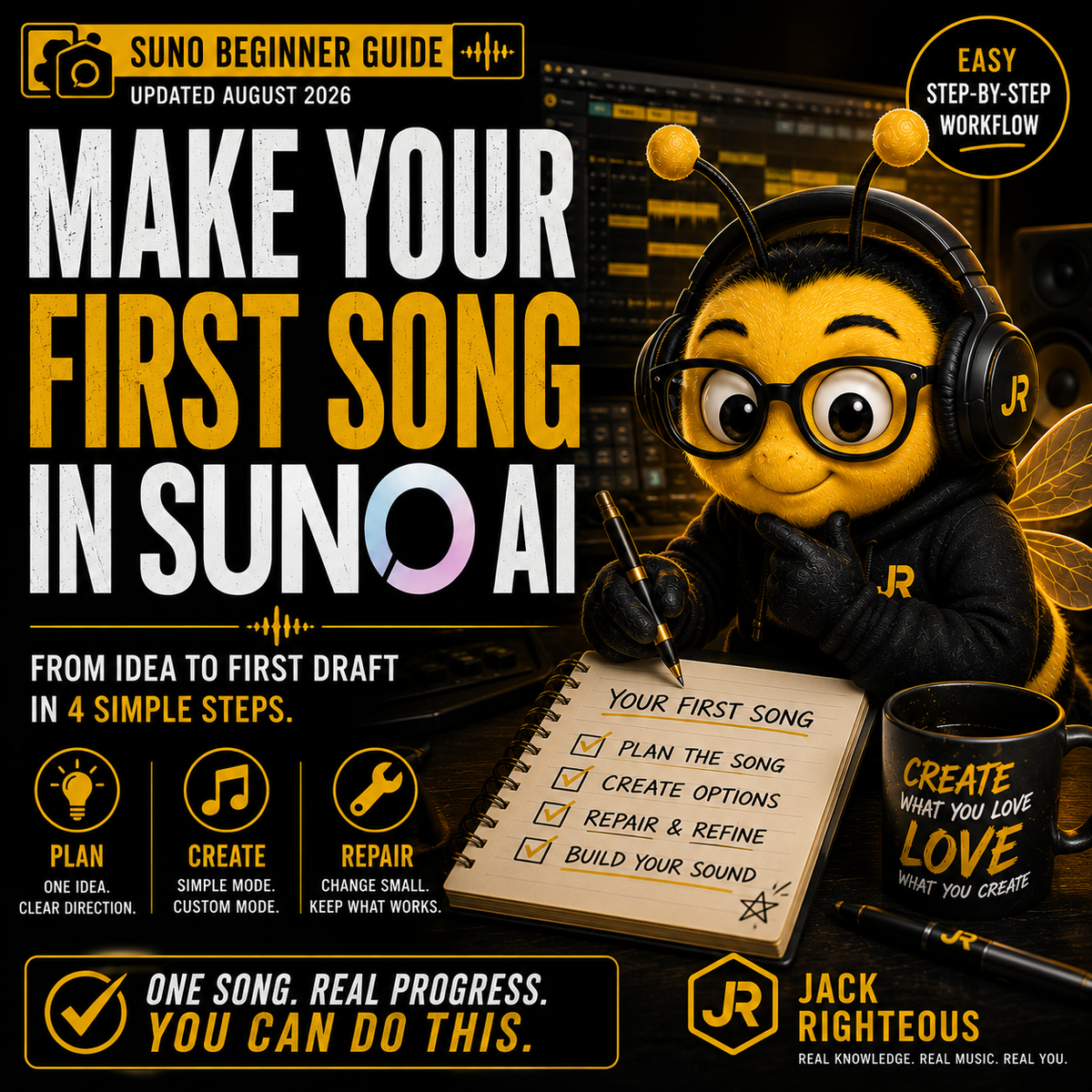 Beginner guide to making a first song in Suno AI from prompt and lyrics through generation and version selection