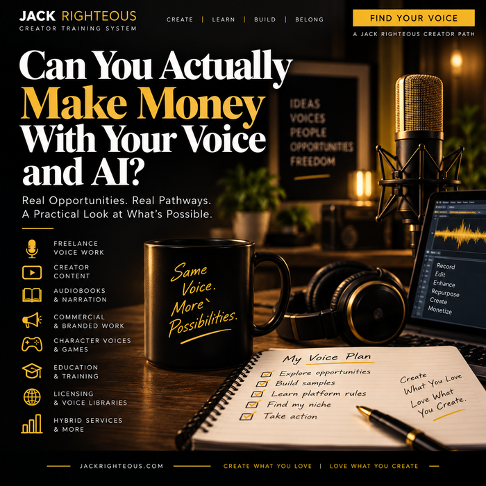 Professional microphone, client brief and licensing documents representing realistic ways to earn with voice and AI — Jack Righteous