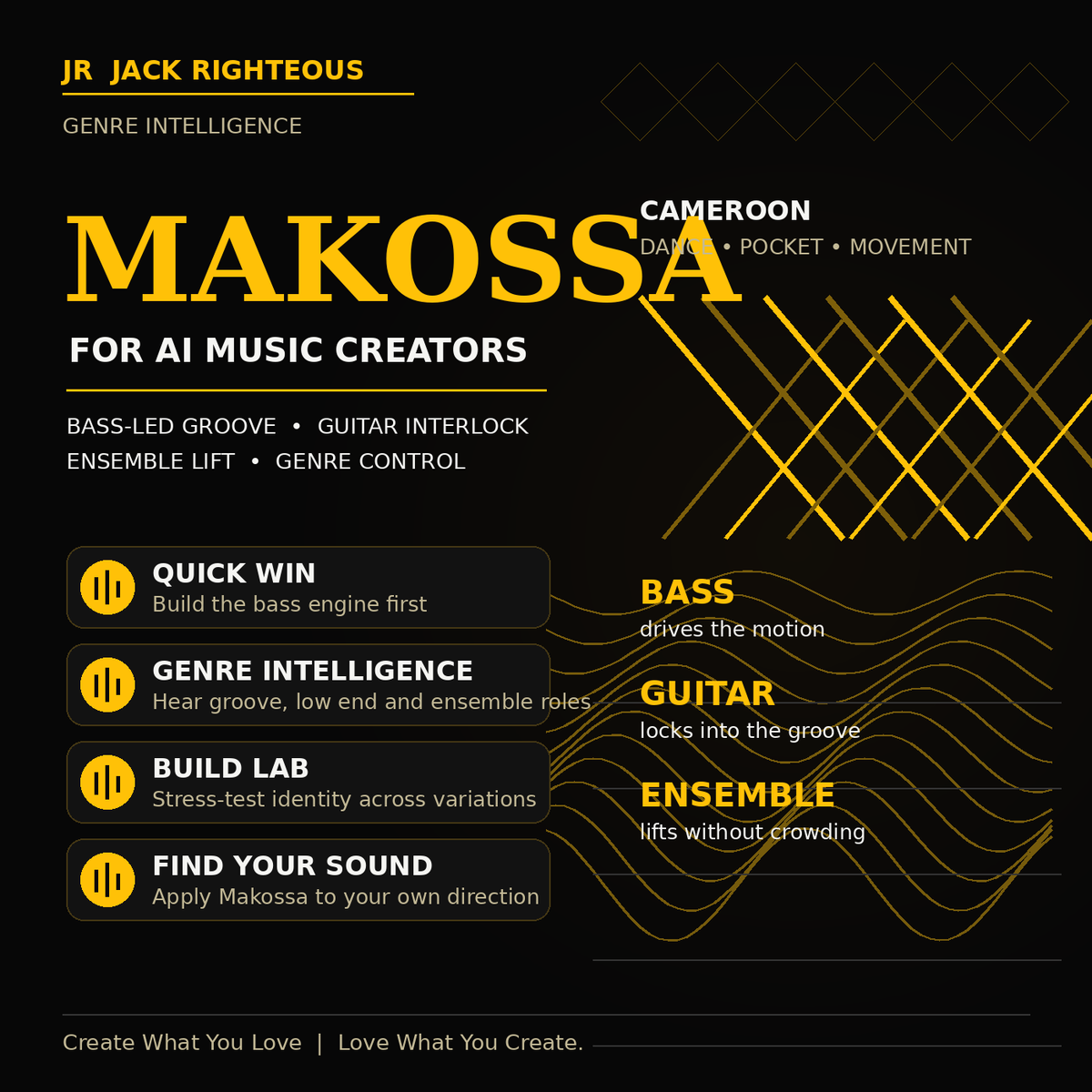Makossa Genre Intelligence for AI music creators — bass-led groove, guitar interlock, ensemble lift and genre control