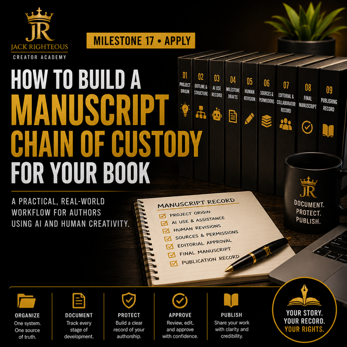 Jack Righteous manuscript chain-of-custody guide for documenting AI use, human revisions, sources, approvals and publication records.