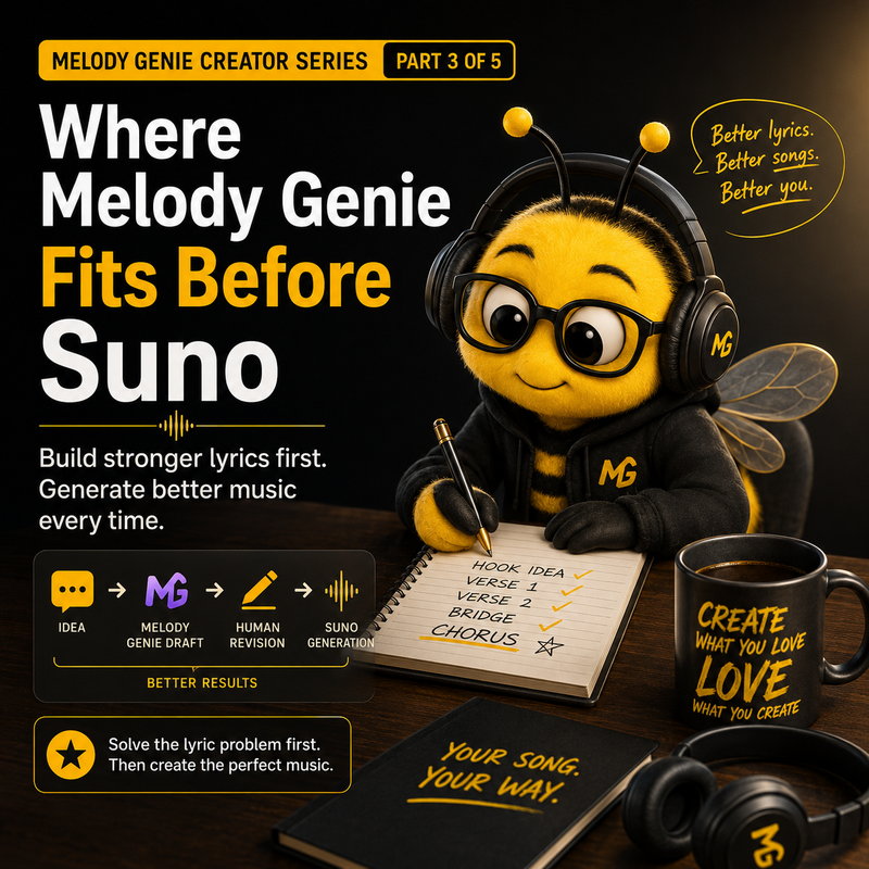 Lyrics-first AI music workflow showing where Melody Genie fits before Suno for developing song ideas and melodic direction