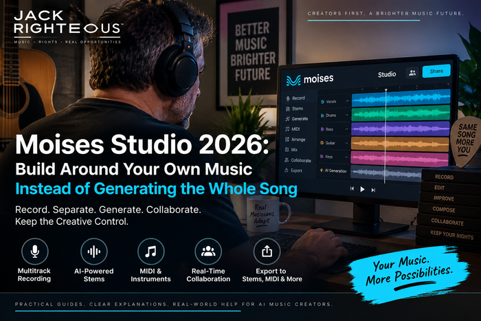 Moises Studio 2026 article cover showing a creator using a multitrack AI-assisted music workspace with stems, MIDI, collaboration, and export tools.