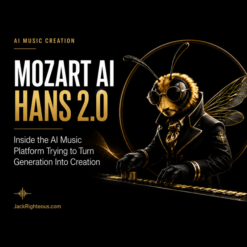 Bee Righteous creating AI music at a black-and-gold studio workstation for a guide to Mozart AI and Hans 2.0