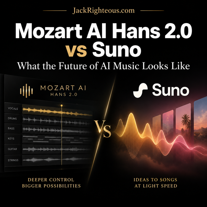 Mozart AI Hans 2.0 versus Suno comparison cover showing structured music editing on one side and fast AI song generation on the other.