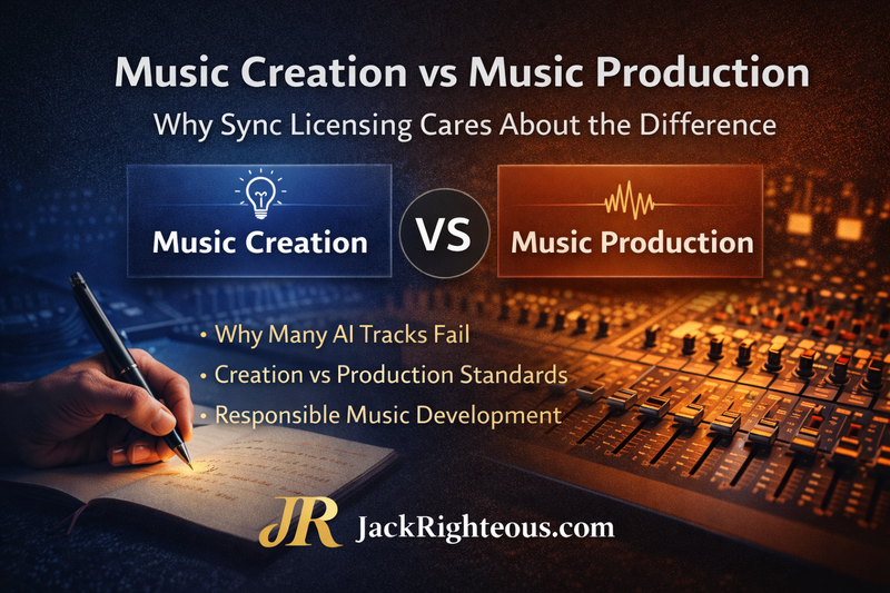 Music creation versus production guide explaining why professional sync licensing evaluates both