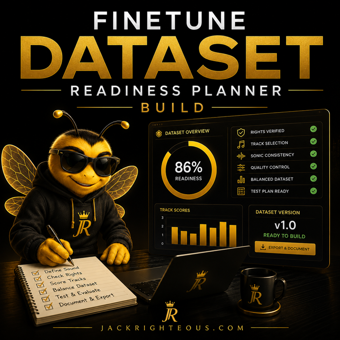 Bee Righteous uses a Music Finetune Dataset Readiness Planner to score, document and export a catalogue.