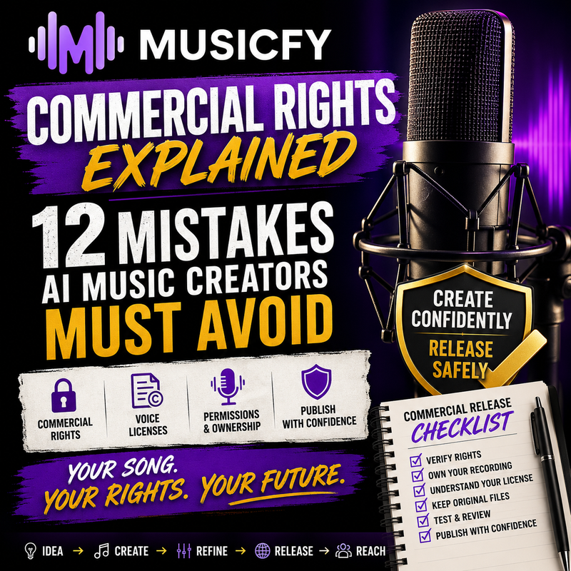 Musicfy commercial-rights guide covering common licensing, voice and release mistakes AI creators should avoid