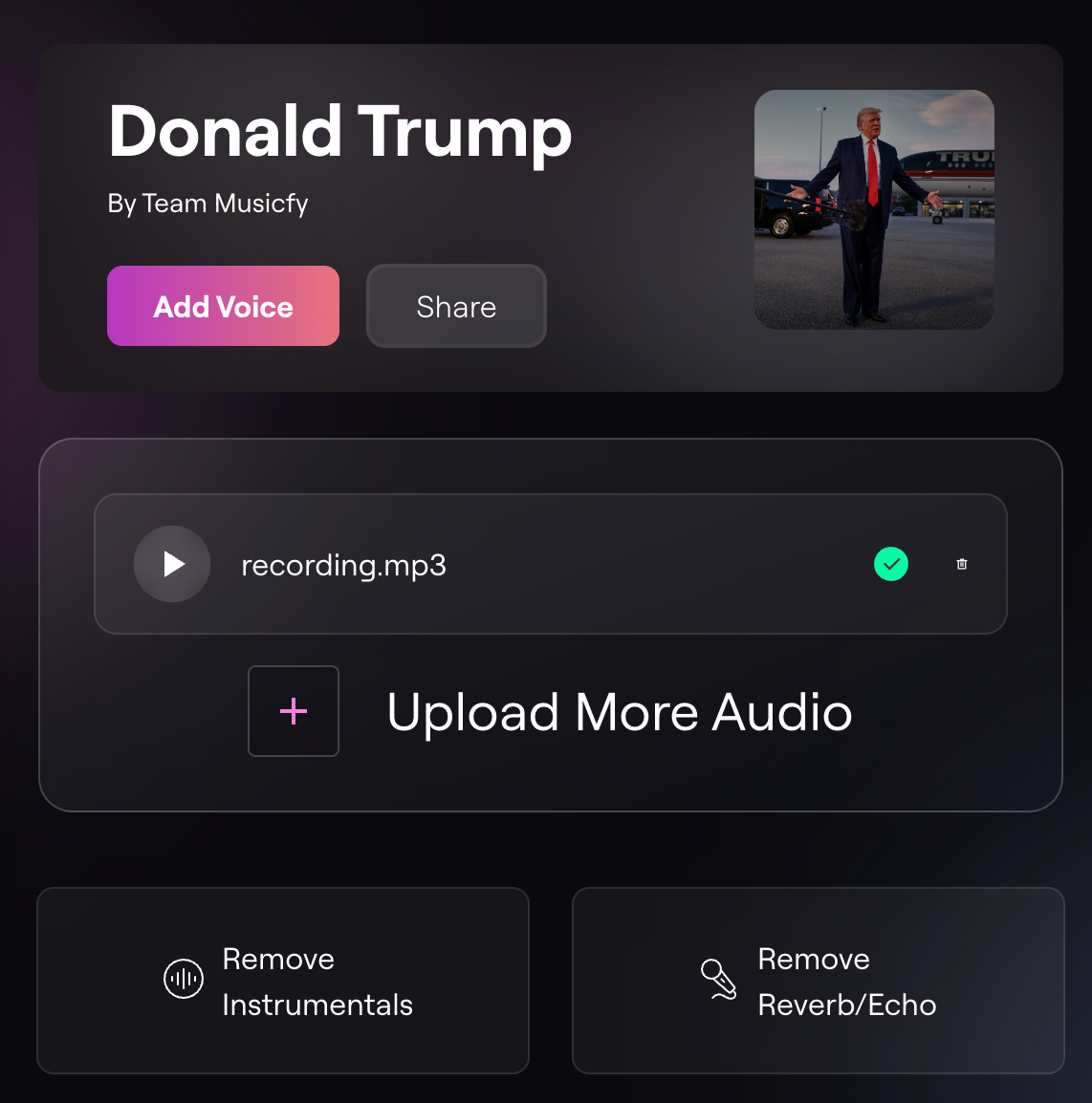 Musicfy Donald Trump parody voice page with an uploaded spoken-word recording