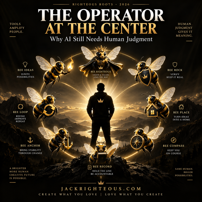Silhouetted human Operator surrounded by the Bee team, showing human judgment at the center of AI-assisted work