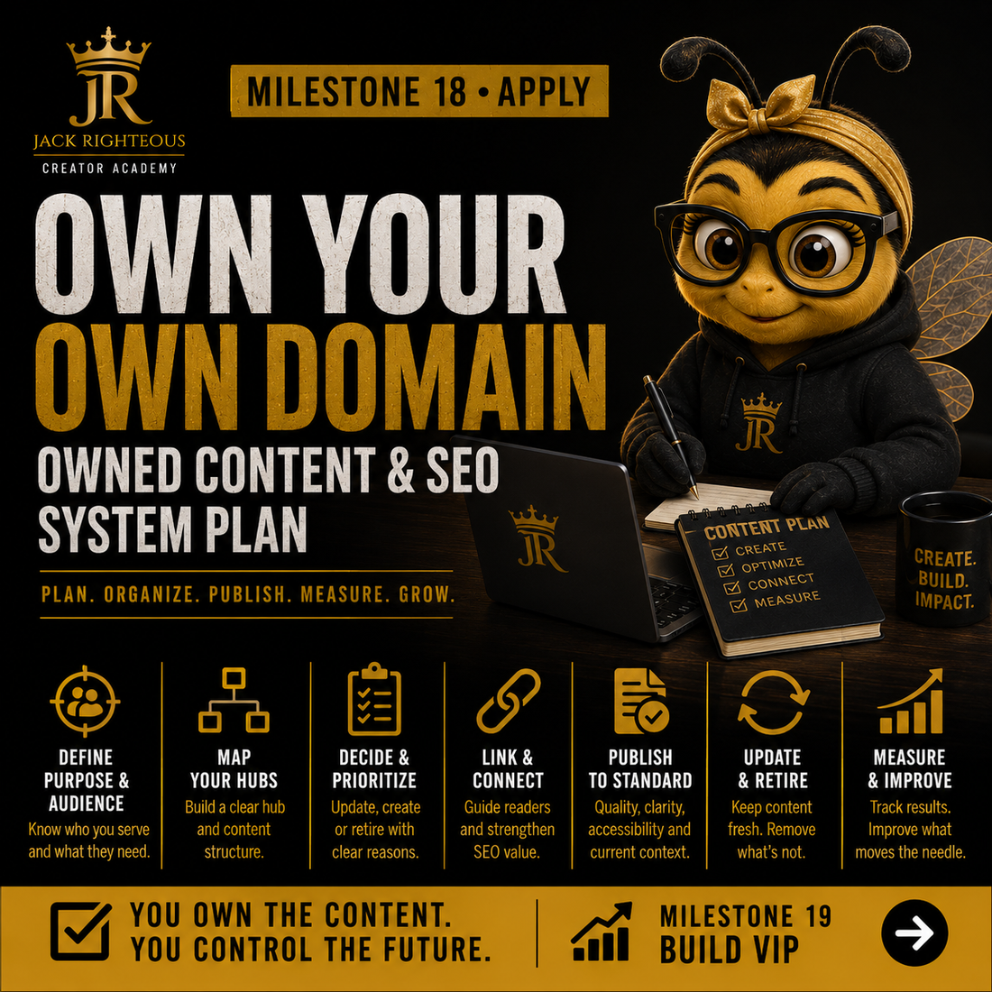Bee Righteous plans an owned content and SEO system with hubs, internal links, publishing standards and performance tracking.