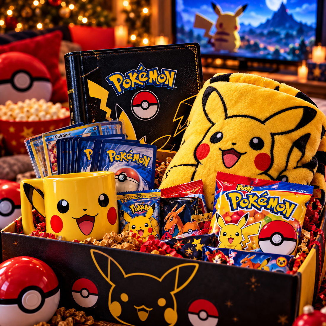 Pokémon-themed gift box with Pikachu blanket, mug, trading cards, snacks and Poké Ball decorations in a cozy holiday game-night setting