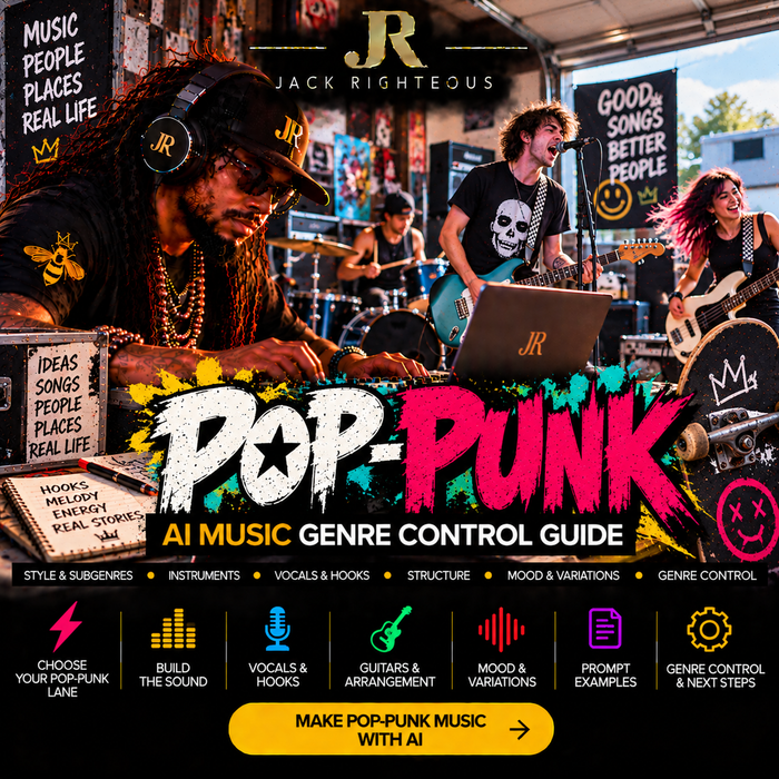 Pop-Punk Genre Intelligence for AI music creators — drive, hooks, vocals, guitars, arrangement, mood and genre control