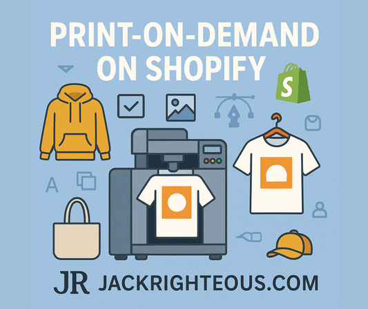 Illustrated Print-on-Demand cover with T-shirt printer, apparel icons, and JR branding for Shopify creator guide.