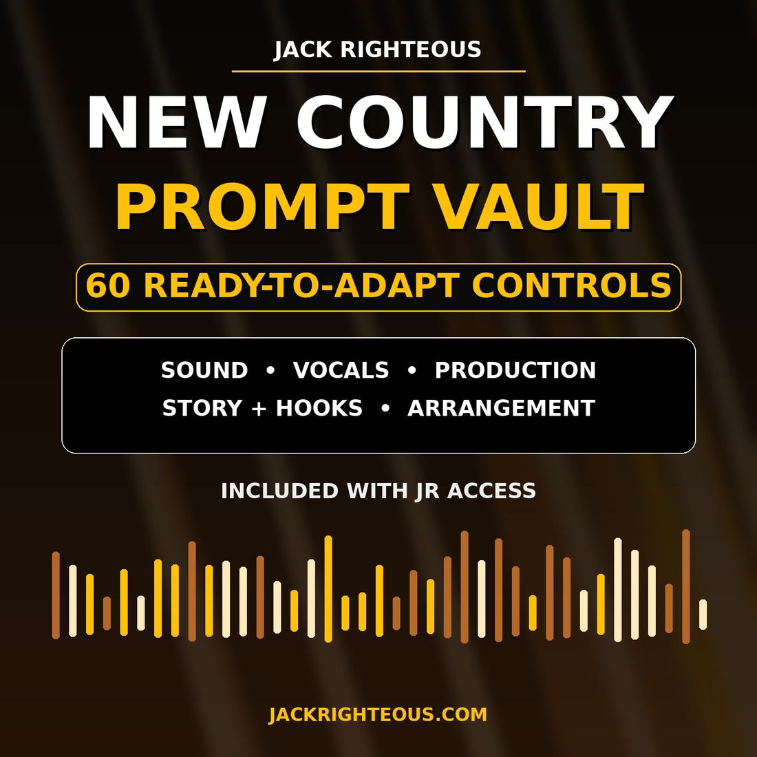 New Country Prompt Vault with 60 ready-to-adapt AI music controls for sound, vocals, production, story, hooks and arrangement