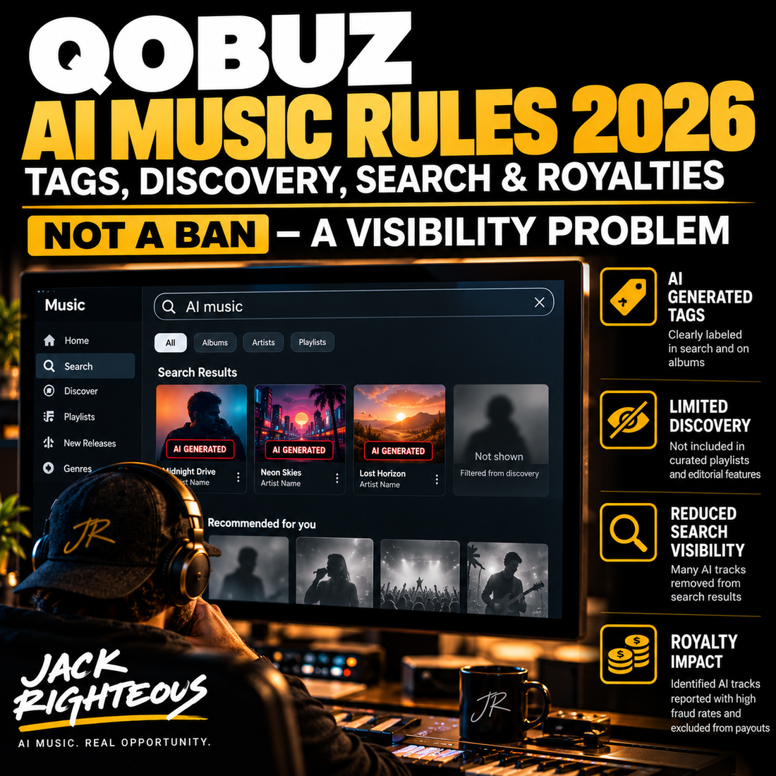 Qobuz AI music rules 2026 cover showing AI tags, discovery limits, search visibility and royalty impact