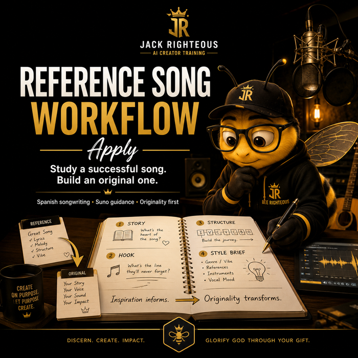 Bee Righteous studies a reference song workbook in a studio, turning inspiration into an original AI-assisted song.