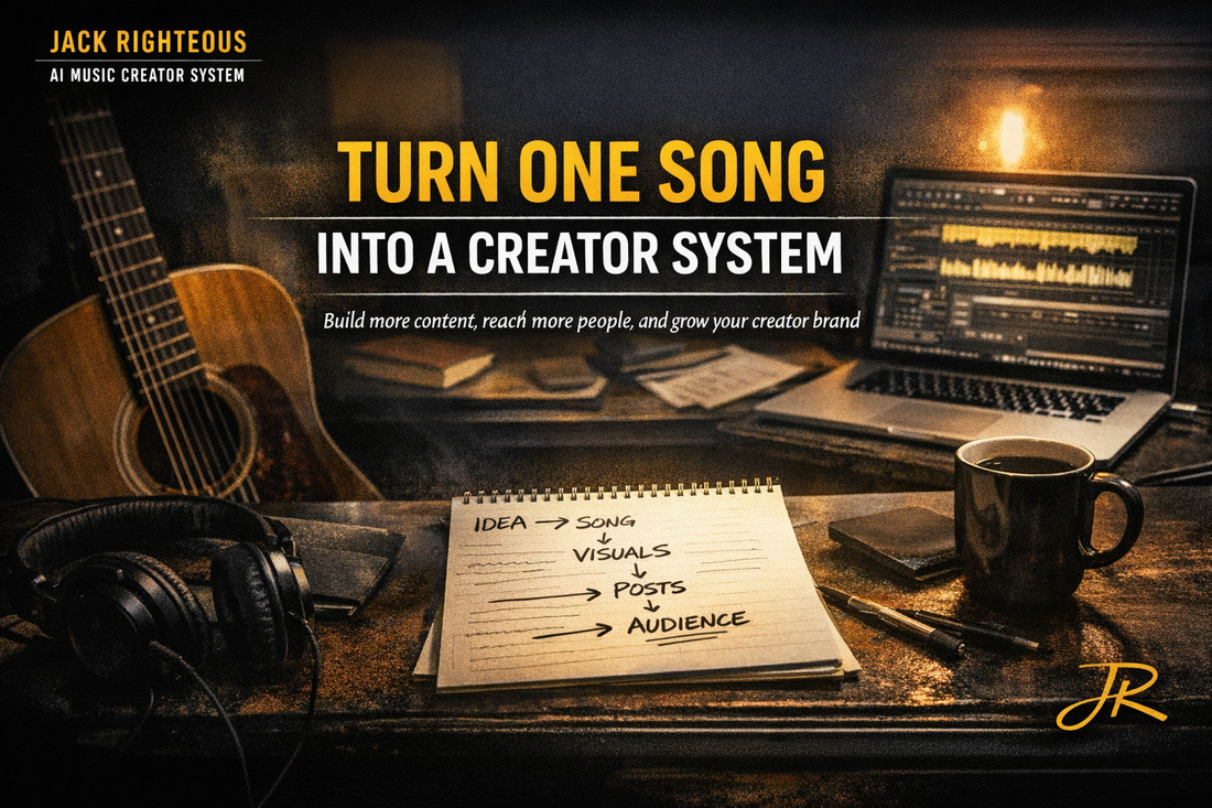 Creator workflow showing how one AI-assisted song can become videos, visuals, posts and other audience-building content