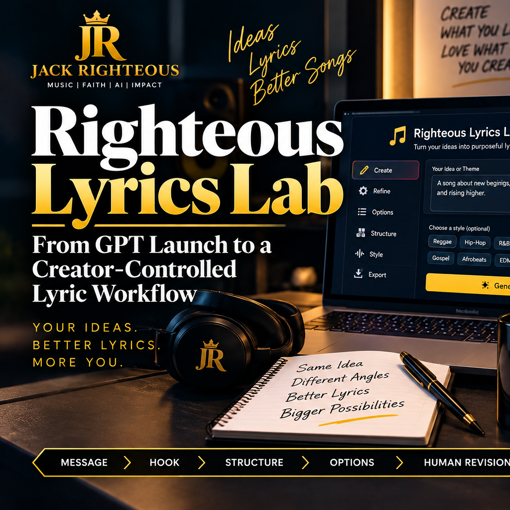 Righteous Lyrics Lab — creator-controlled lyric workflow from message through hook, structure, options, human revision and approval.