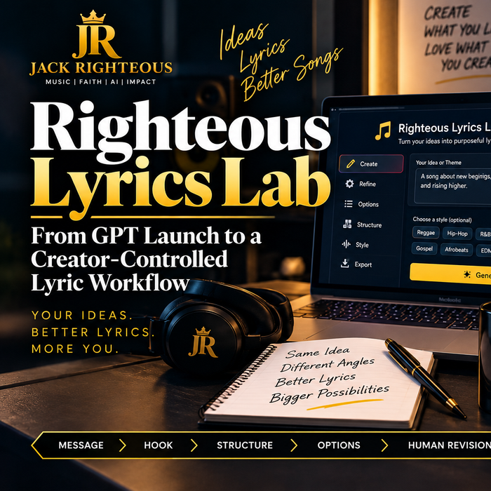 Righteous Lyrics Lab — creator-controlled lyric workflow from message through hook, structure, options, human revision and approval.
