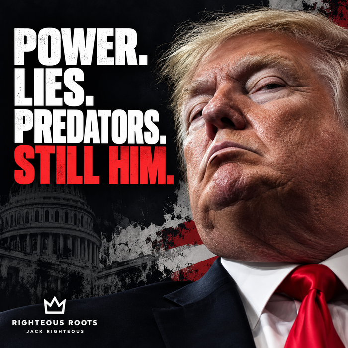 Righteous Roots editorial cover featuring Donald Trump with the words Power. Lies. Predators. Still Him.