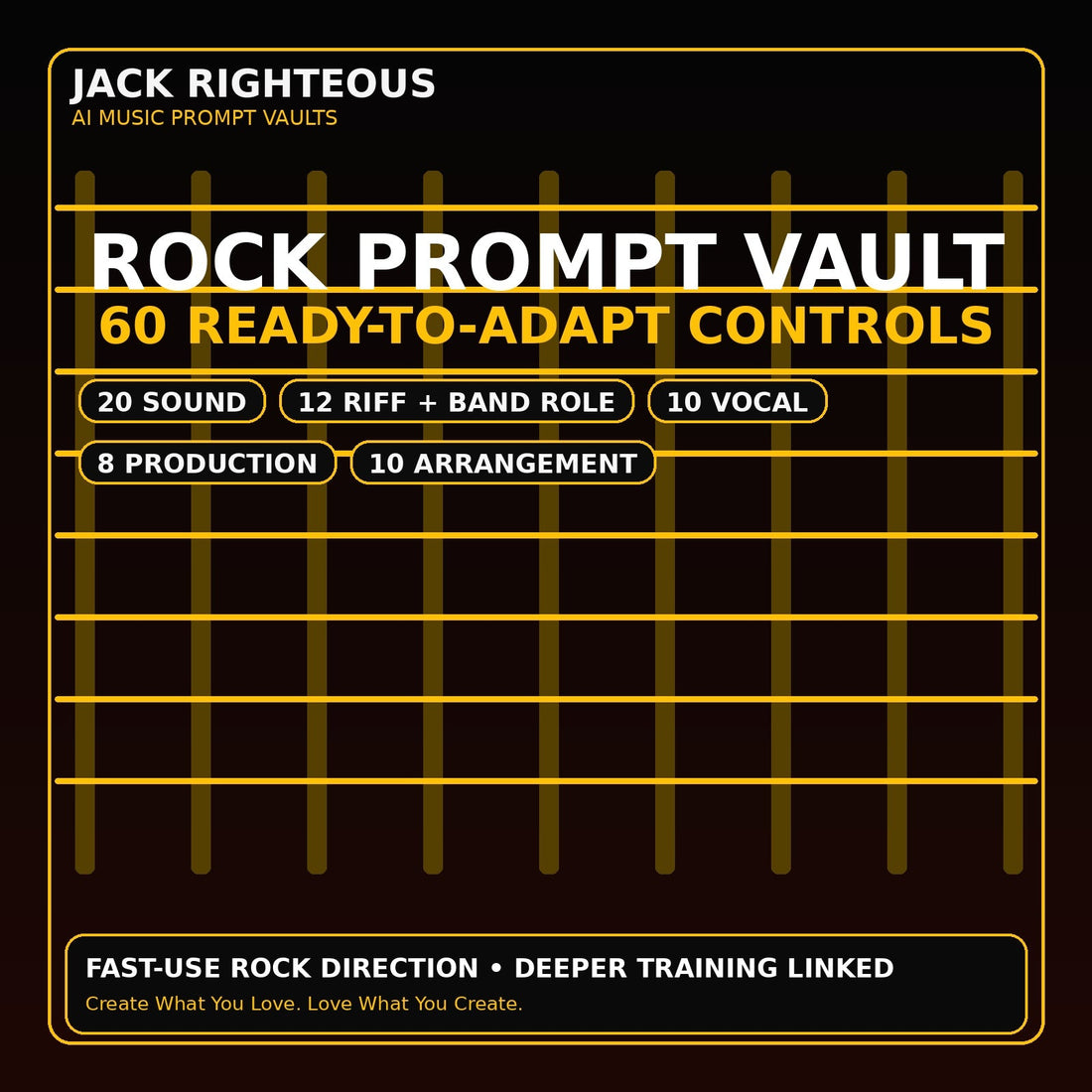 Rock Prompt Vault with 60 ready-to-adapt controls for sound, riffs, band roles, vocals, production and arrangement