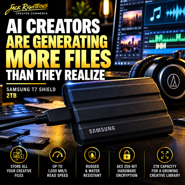Samsung T7 Shield 2TB portable SSD in an AI creator workspace with music, video and project files
