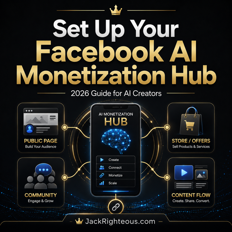 Facebook creator hub connecting a public Page, private group, Shopify website and newsletter.