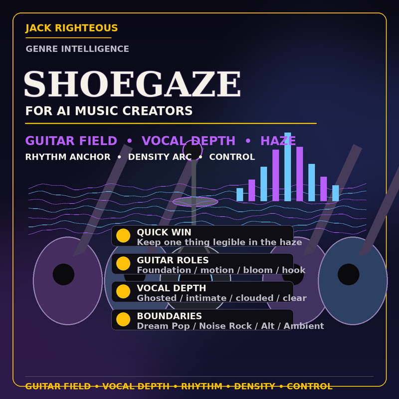 Shoegaze Genre Intelligence for AI music creators — guitar field, vocal depth, haze, rhythm anchor, density arc and genre control