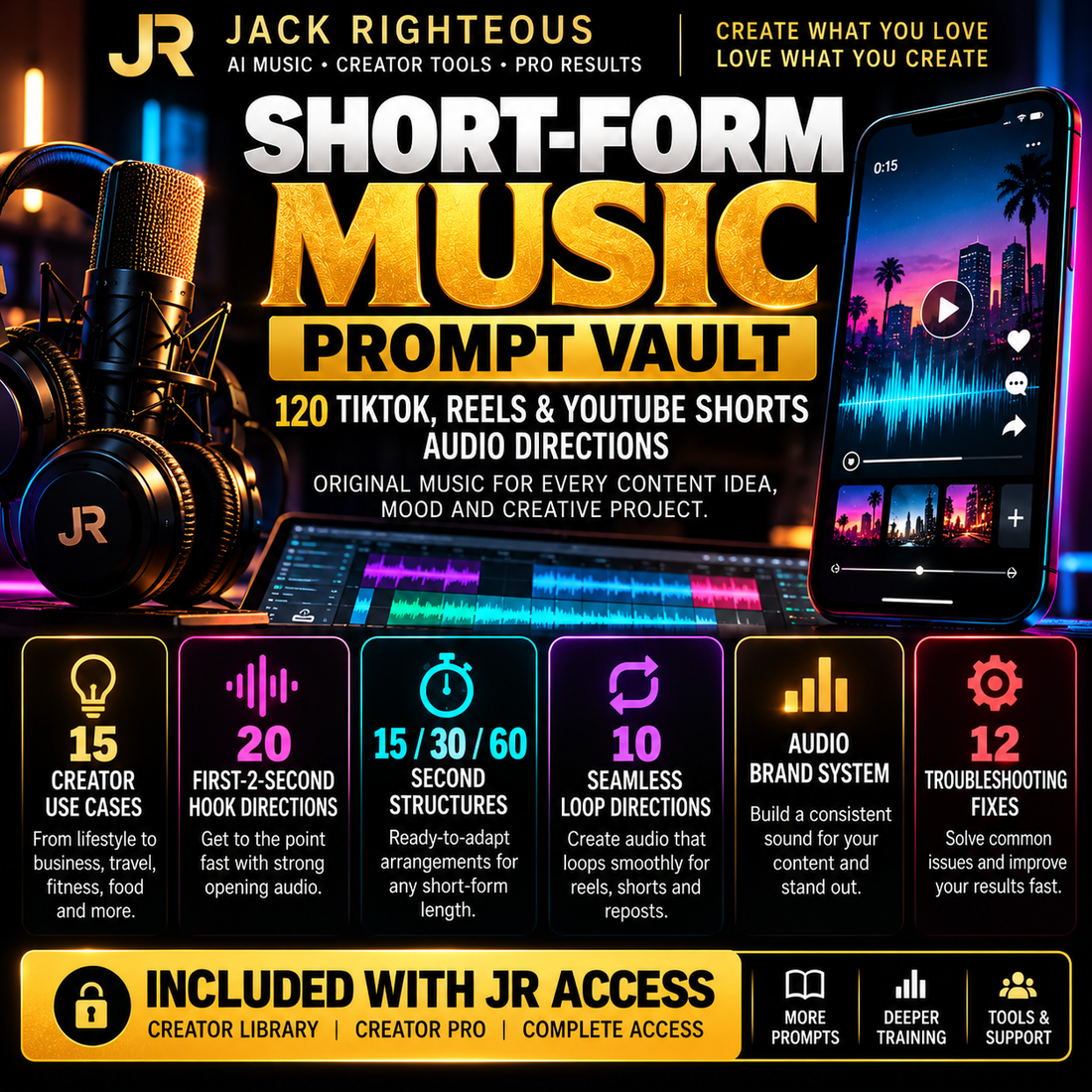 Short-Form Music Prompt Vault with 120 TikTok, Reels and YouTube Shorts audio directions included with JR Access