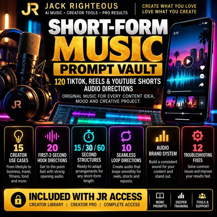 Short-Form Music Prompt Vault with 120 TikTok, Reels and YouTube Shorts audio directions included with JR Access