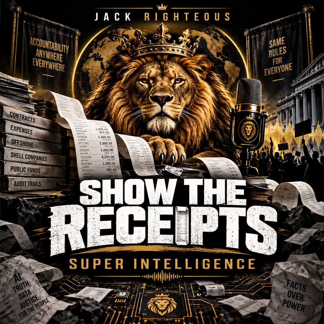 Jack Righteous Show The Receipts Super Intelligence cover with crowned lion, receipts, microphone and black-and-gold accountability theme