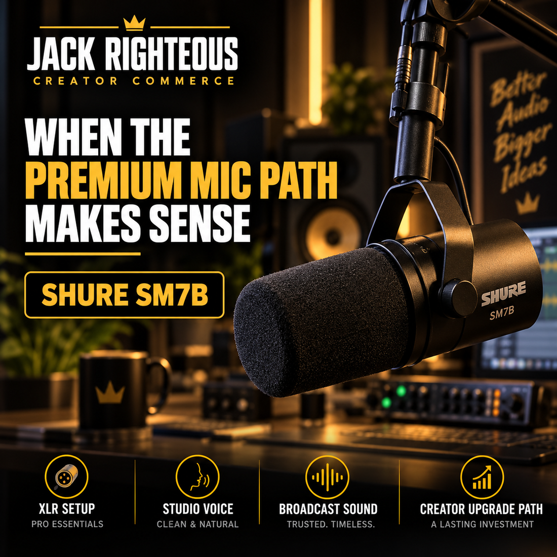 Shure SM7B premium XLR microphone in a professional creator studio setup for voice, podcasting and AI creator production