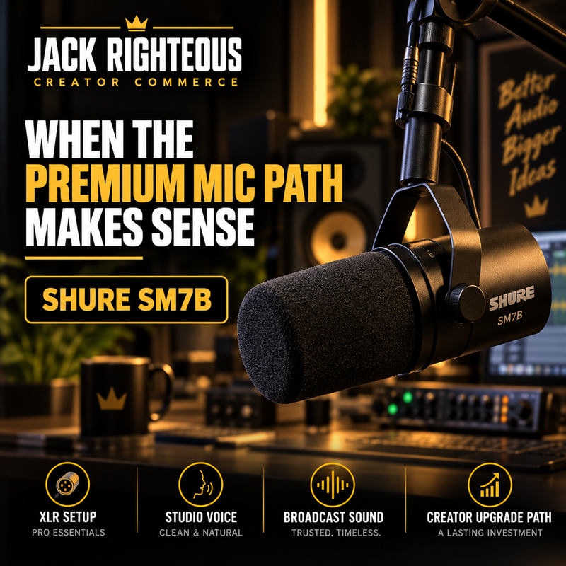 Shure SM7B premium XLR microphone in a professional creator studio setup for voice, podcasting and AI creator production