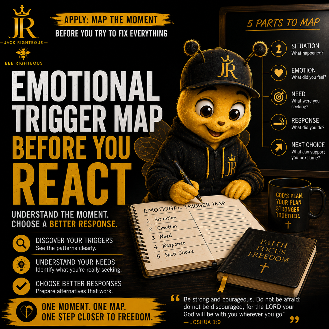 Bee Righteous guides a smoking trigger map to identify the situation, emotion, need, response and next healthier choice