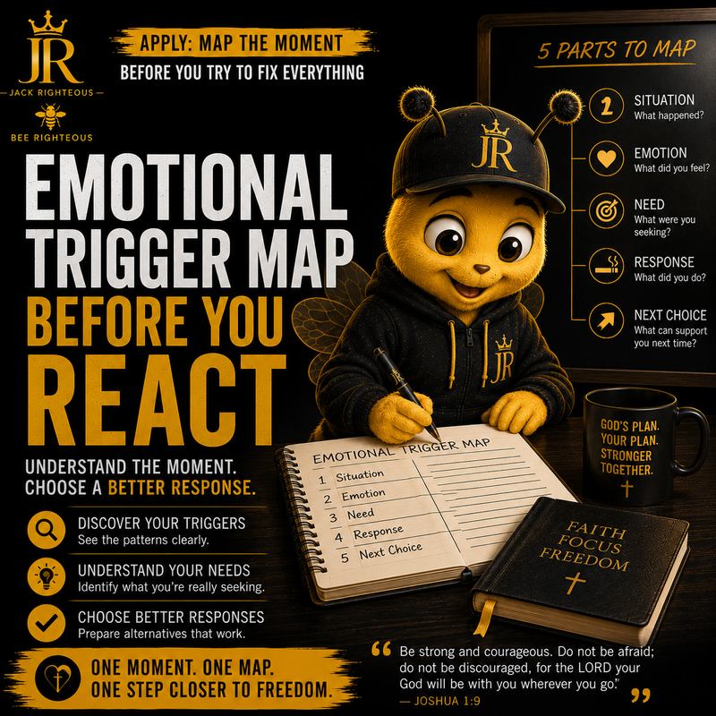 Bee Righteous guides a smoking trigger map to identify the situation, emotion, need, response and next healthier choice