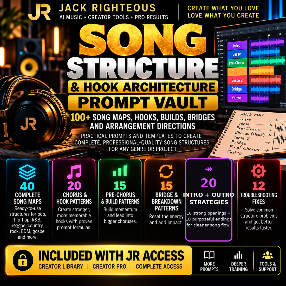 Song Structure and Hook Architecture Prompt Vault with 40 song maps, 20 chorus and hook patterns, 15 pre-chorus builds, 15 bridge patterns, 20 intro and outro strategies, and 12 troubleshooting fixes