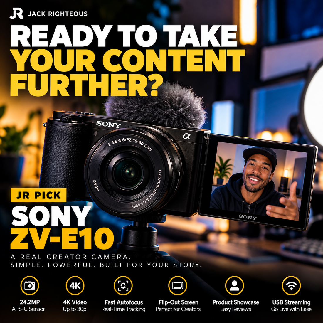 Sony ZV-E10 mirrorless creator camera with flip-out screen in a professional studio setup for YouTube, UGC and video creation
