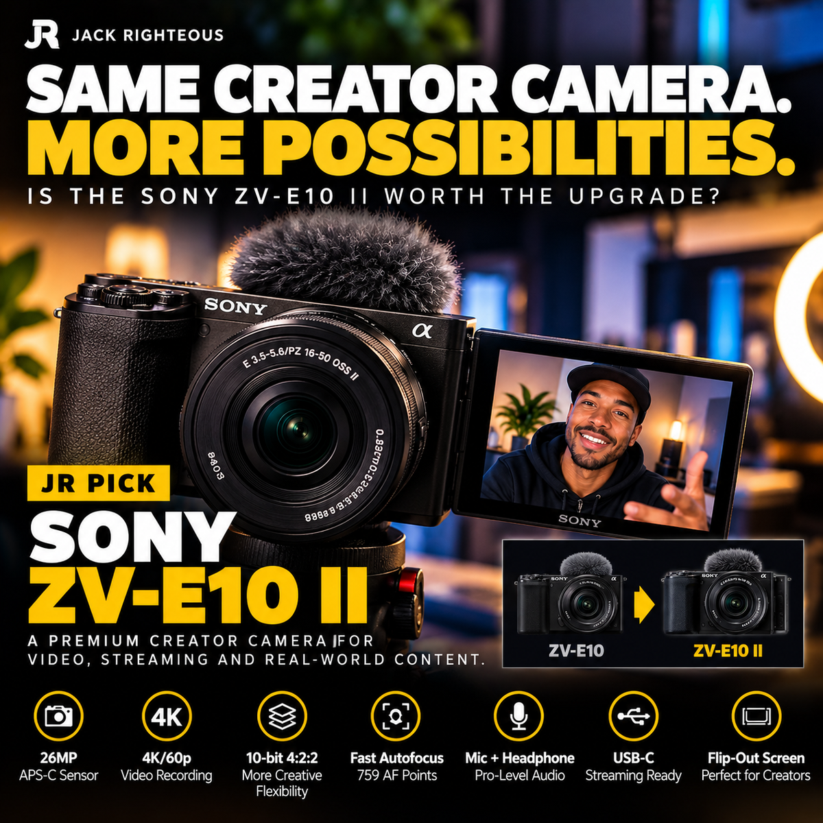 Sony ZV-E10 II premium creator camera with flip-out screen highlighting 4K 60p, 10-bit video, autofocus and creator streaming features
