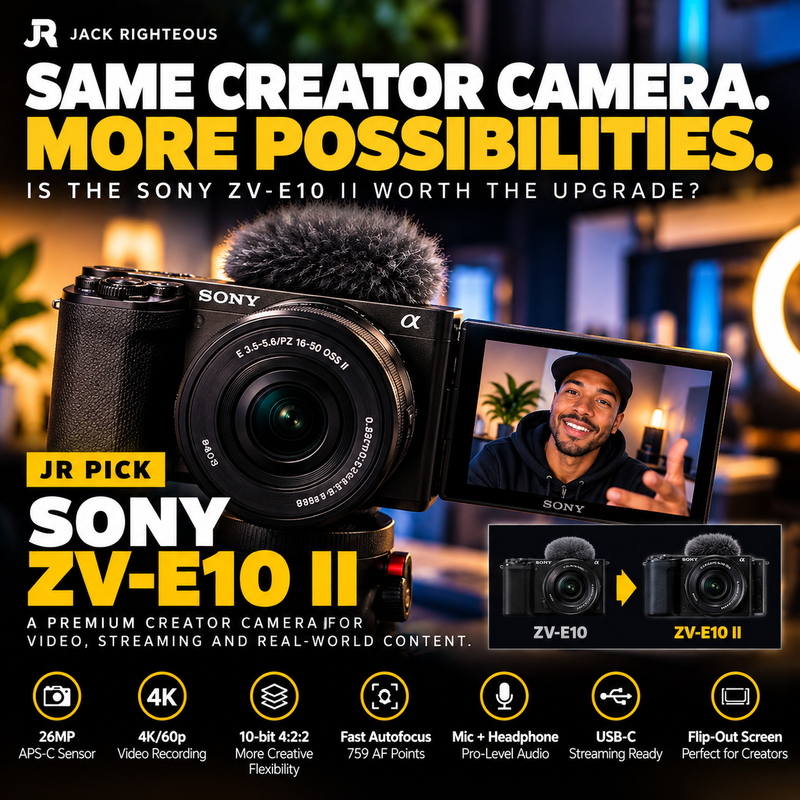 Sony ZV-E10 II premium creator camera with flip-out screen highlighting 4K 60p, 10-bit video, autofocus and creator streaming features